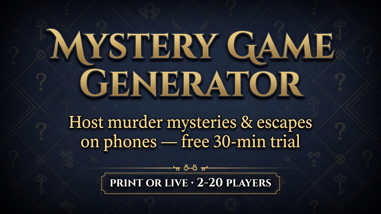 Host dashboard and private clues on guest phones for a murder mystery party