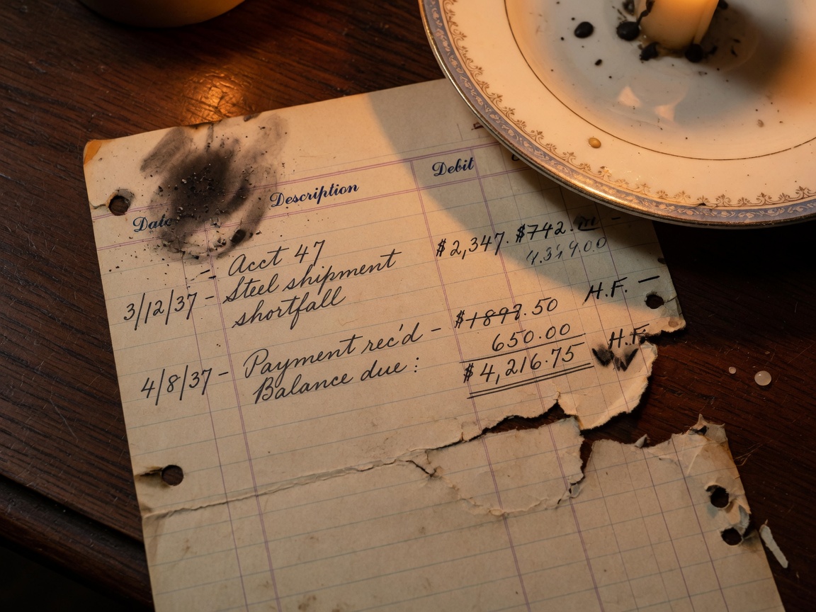 Actual illustrated ledger evidence from Death at Dinner Deluxe