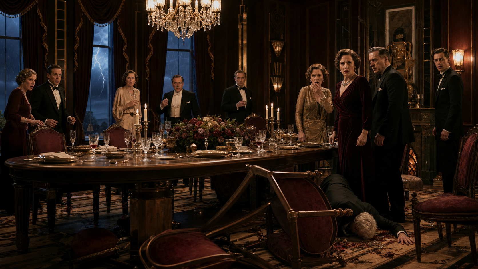 The candlelit Thornwood dinner party from Death at Dinner Deluxe